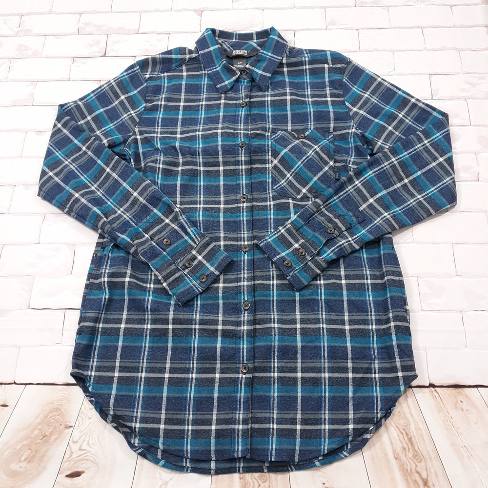 Outdoor Research Button Up Flannel Shirt Womens Size Small Blue Side Pockets